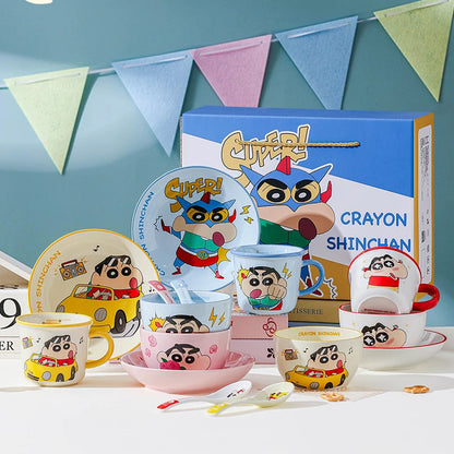 New 1Set/4Pcs Cute Cartoon Anime Crayon ShinChan Ceramics Gift Box Set Kawaii Rose Bowl Plate Spoon Cup childen Birthday Gift