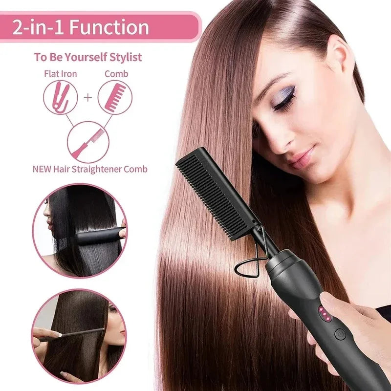 Portable Ceramic Hair Curler Electric Hot Heating Comb Hair Straightener Curler Wet Dry Hair Straightening Hair Styling Tool