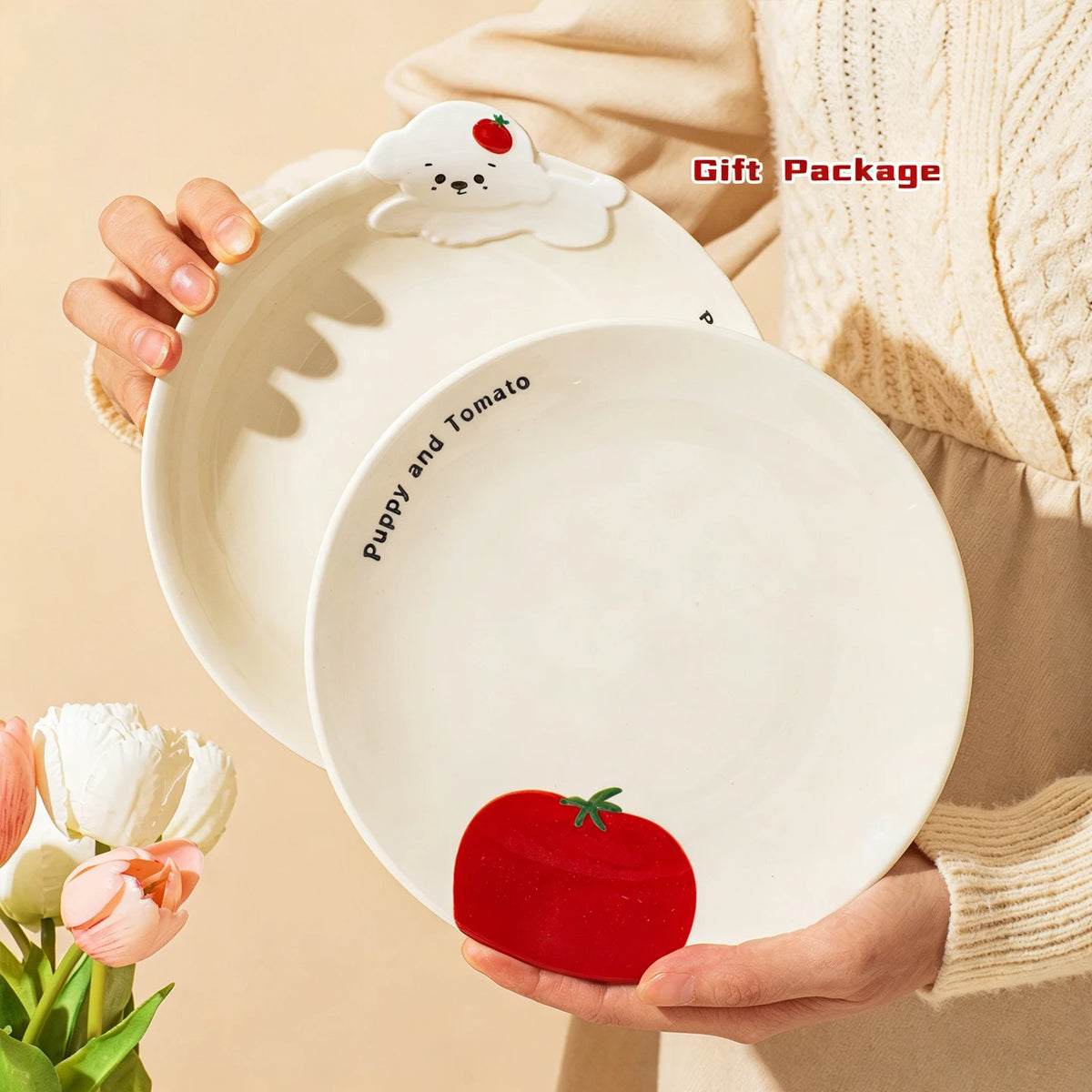 SHUNXIANG Tomato Puppy Ceramic Tableware Set Cute Cartoon Print Plates Soup Bowl Salad Pasta Microwave Safe Kitchen Dinnerware
