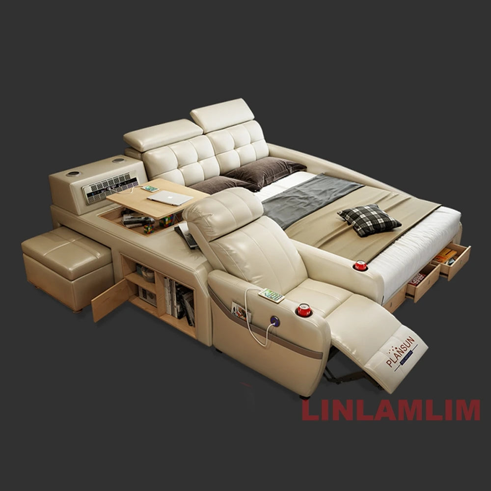 Ultimate Tech Smart Genuine Leather Bed with Massage Chair, Speaker, Air Purifier & USB – Luxury Multifunctional Platform Bed