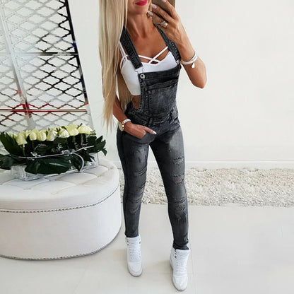 Europe and The United States Fashion Y Word Broadband Sexy Suspenders Pants Women Four Seasons New Washed Ripped Denim Jumpsuit