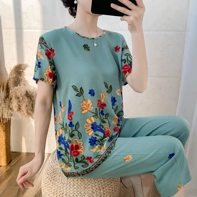 2024 Summer Women Cotton Linen Short Sleeve Set Large Size Middle-aged Mother Floral Print Clothes New Two-piece Suit 5XL G45
