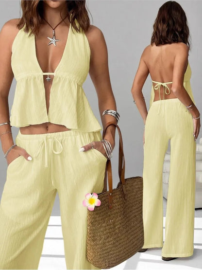 Fashion White Woman 2 Piece Set Outfit Spring And Summer Women's Halter Neck Strap Sexy Backless Sleeveless Vest Slim Suit