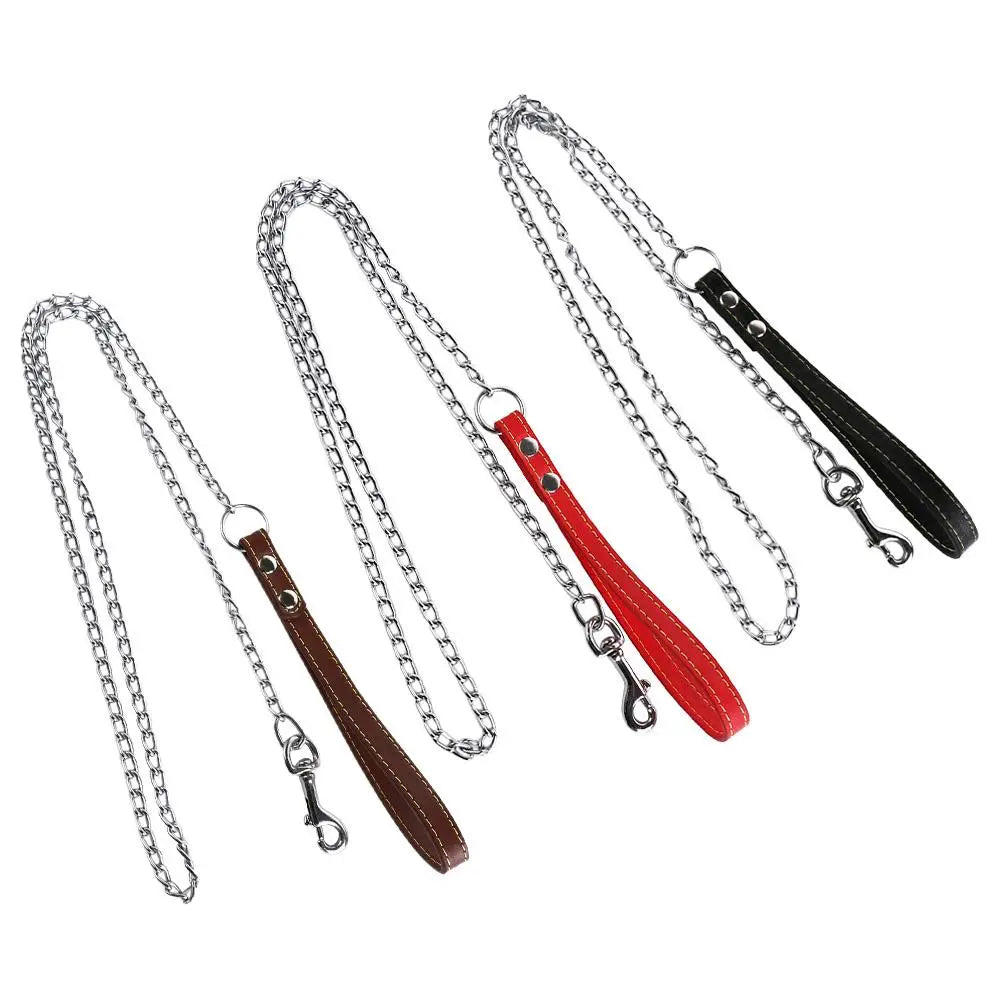 Heavy Duty Metal Chain Dog Lead With Leather Handle Long Strong Control Leash Outdoor Pet Traction Rope Anti Bite Chain Supplies