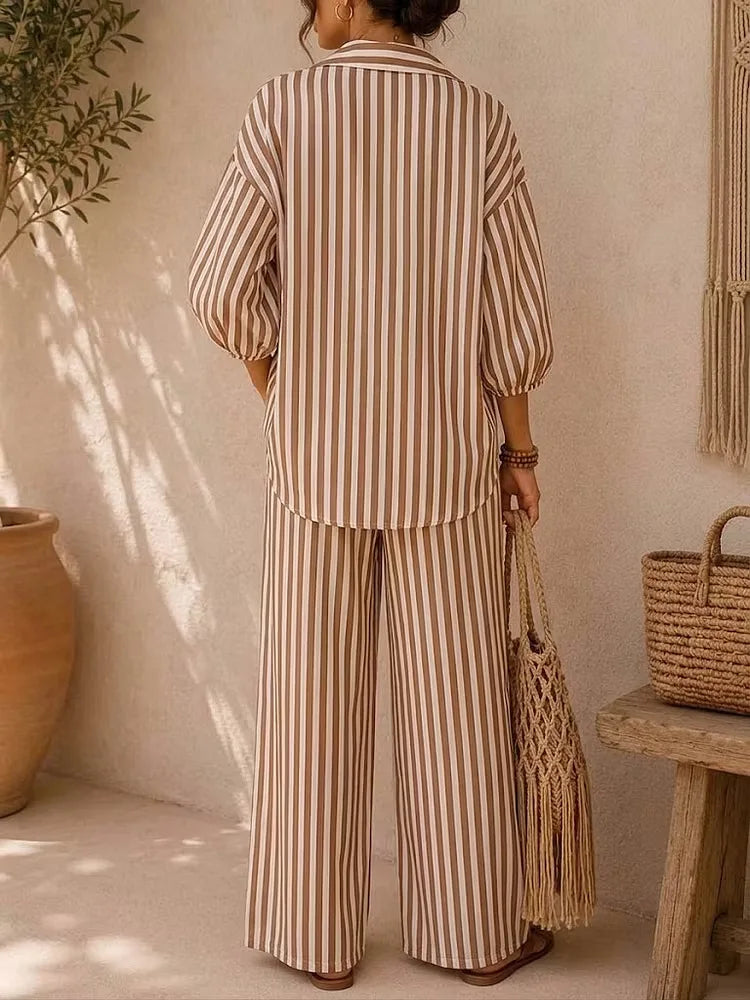 Fashion Stripe Two Piece Set Women Summer Autumn Casual V Neck Long Sleeved Top Wide Leg Pants 2 Piece Suit Women Outfit Sets
