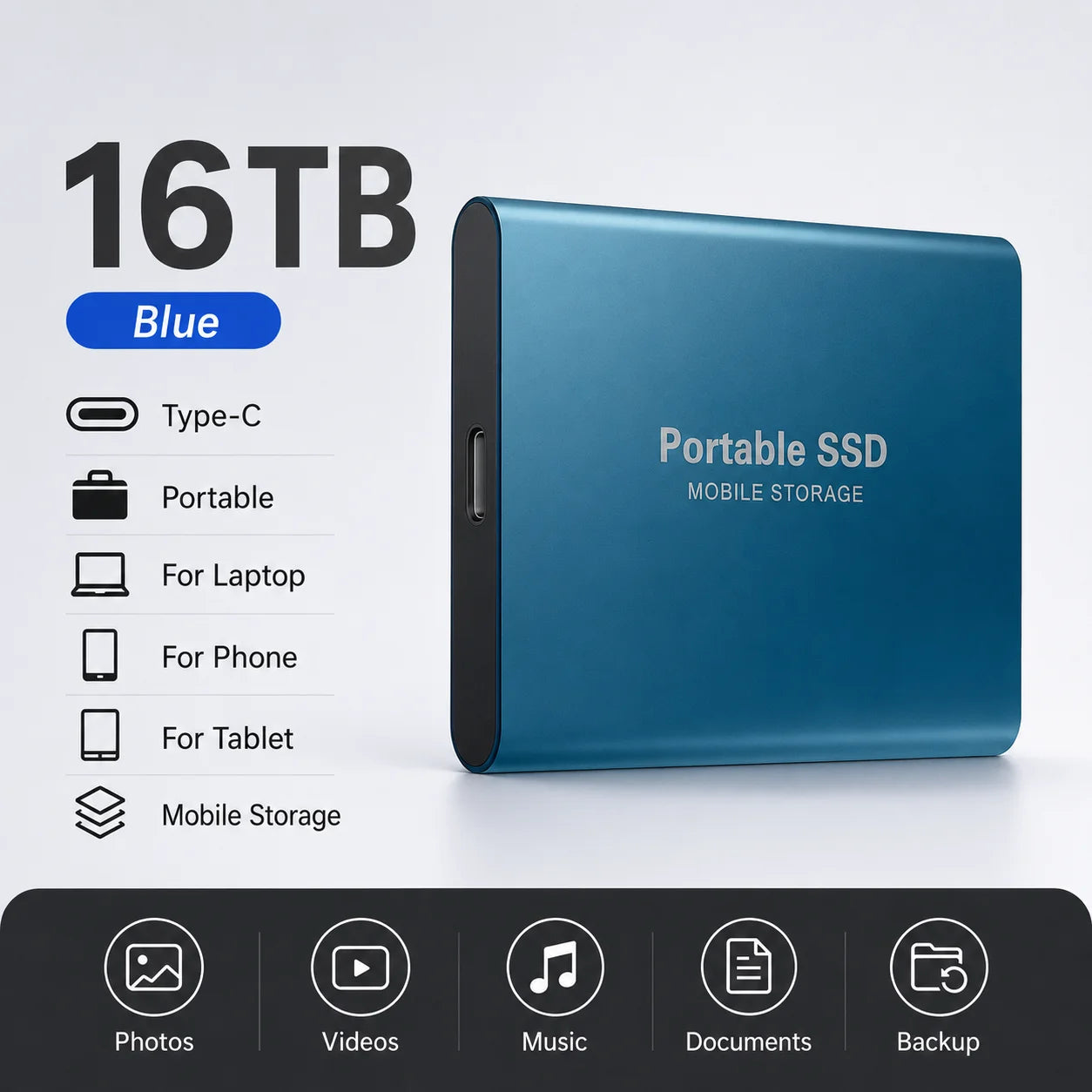 Space Efficient External Hard Drive 2TB Portable Mobile Hard Disk for Family Daily Photo Saveing PC Laptop