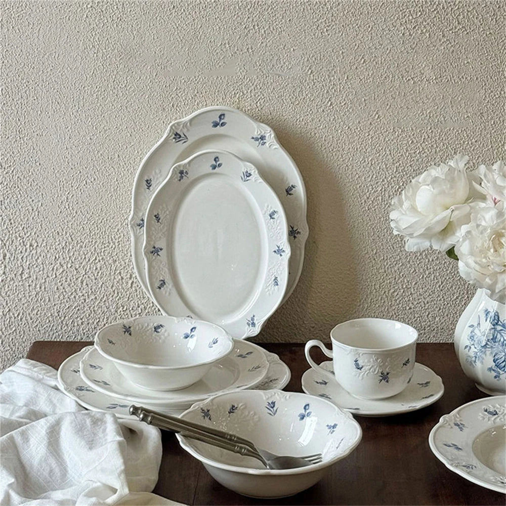 Simple Blue Printing Tableware Kitchen Supplies White Relief Tableware Western Dessert Steak Cake Dim Sum Fruit Dish Set