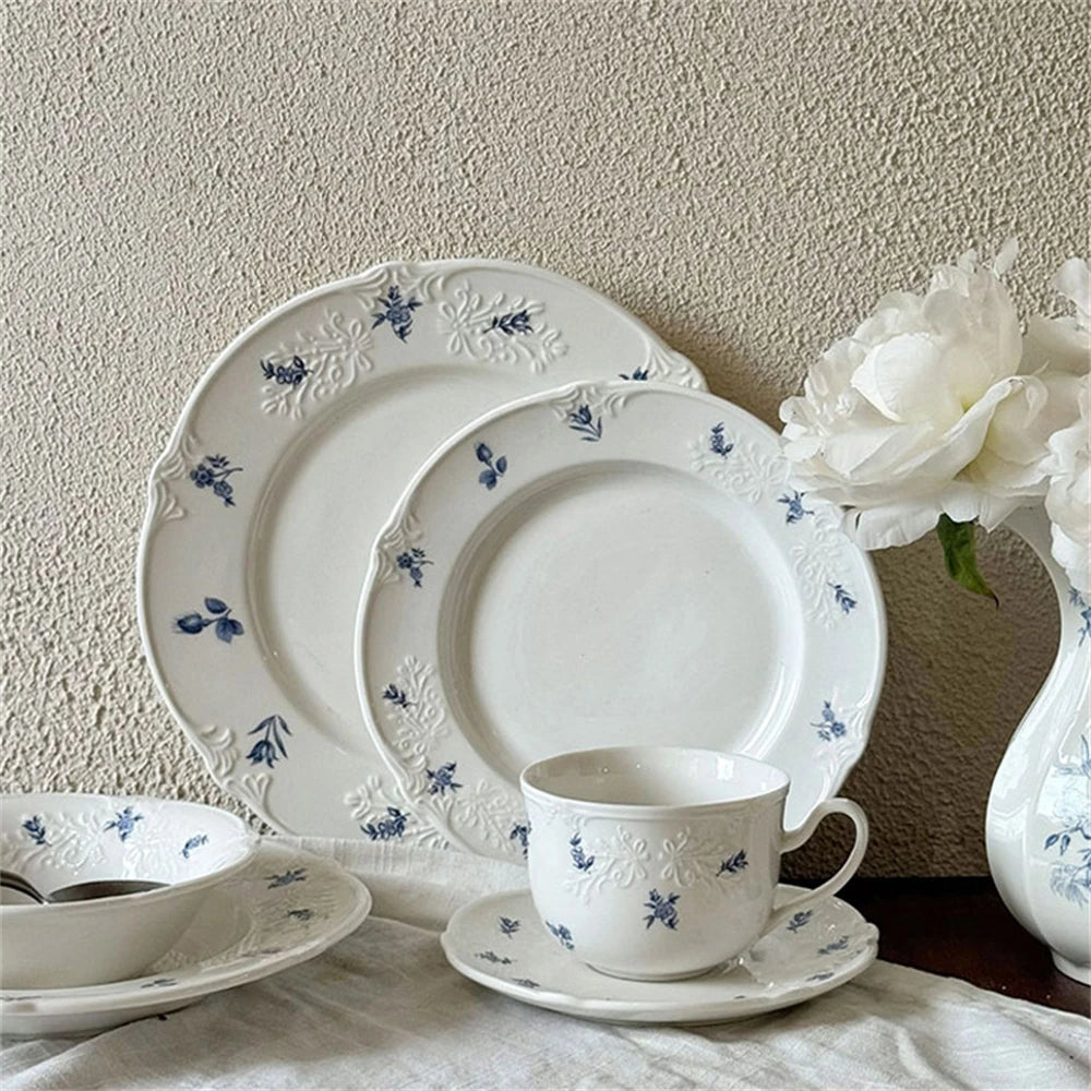 Simple Blue Printing Tableware Kitchen Supplies White Relief Tableware Western Dessert Steak Cake Dim Sum Fruit Dish Set