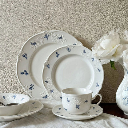Simple Blue Printing Tableware Kitchen Supplies White Relief Tableware Western Dessert Steak Cake Dim Sum Fruit Dish Set