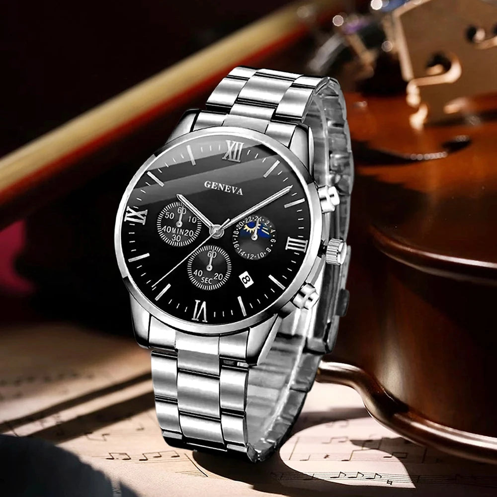 Men's 4-Piece Watch Gift Set | Quartz Watch, Cross Pendant, Ring & Bracelet | Gift for Him