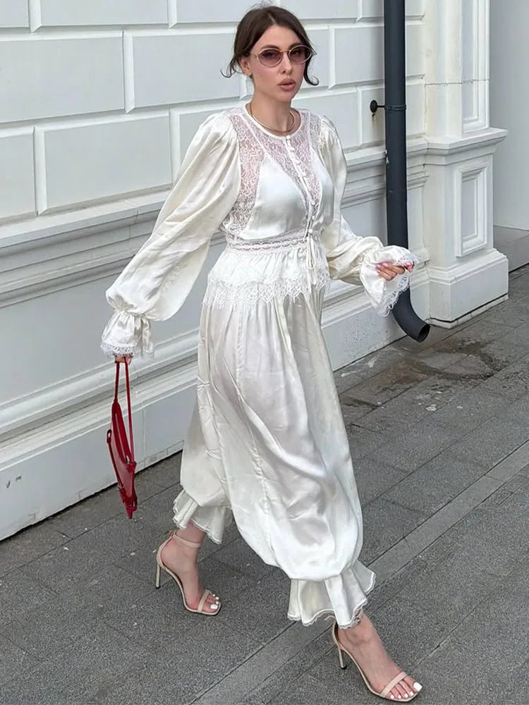 Deep V-Neck Lace Trim Cutout Waist Maxi Dress Elbow-Sleeve Lace Trim Chiffon 2026 Summer Elegant Women Vacation Boho Outfit
