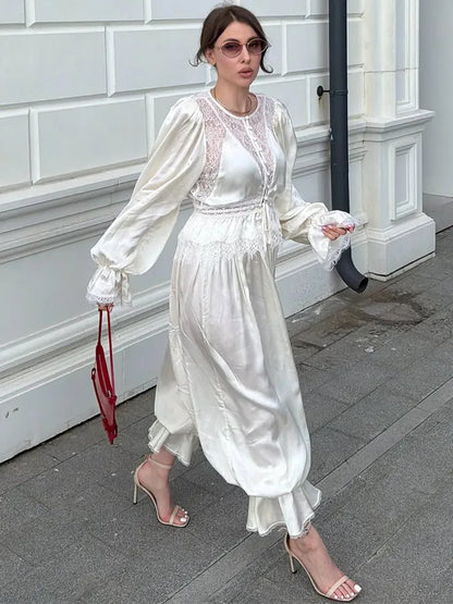 Deep V-Neck Lace Trim Cutout Waist Maxi Dress Elbow-Sleeve Lace Trim Chiffon 2026 Summer Elegant Women Vacation Boho Outfit