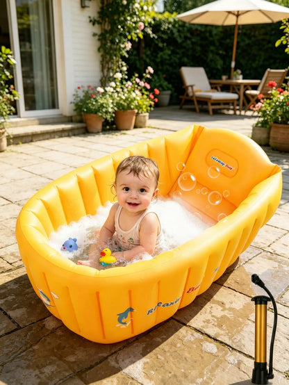 Yellow Inflatable Baby Bathtub Portable Foldable Non Slip Newborn Blow Up Bath Tub Toddler Swimming Pool Travel Shower Basin Air Padding