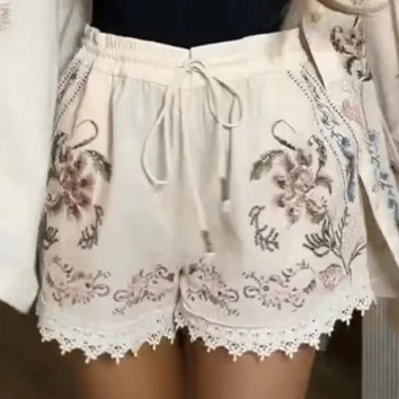 Floral Embroidered Linen-Blend Kimono Half-Sleeve Shirt & Lace Trim Shorts 2-Piece Set 2026 Summer Casual Women Office Outfit