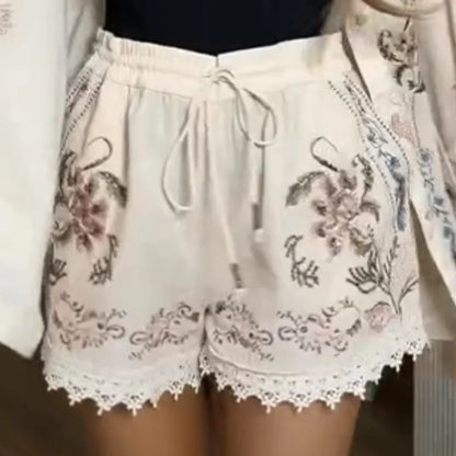 Floral Embroidered Linen-Blend Kimono Half-Sleeve Shirt & Lace Trim Shorts 2-Piece Set 2026 Summer Casual Women Office Outfit