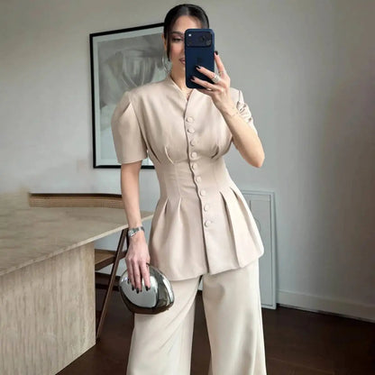 2026 New Women Two Piece Pant Suit Stand Collar Short Sleeve Peplum Top High Waist Wide Leg Trousers Elegant Outfit Set
