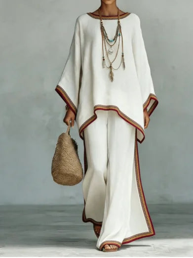 Boho Two Piece Set Summer Women's Loose Patchwork Wide Leg Pants Set Fashion O Neck Pullover Top 2-piece Set Outfit Streetwear
