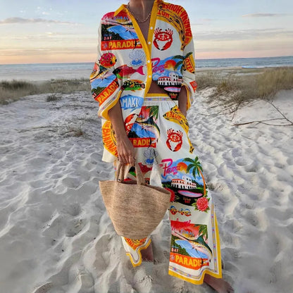 Fashion Print Beach Holiday 2-Piece Set Women Spring Summer Long Sleeve Shirt Top + Wide Legs Women's Oversized Two-Piece Outfit