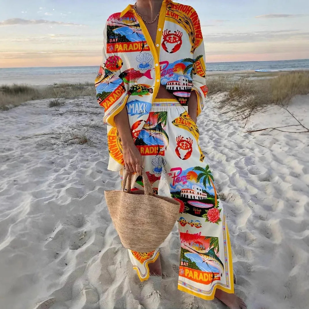 Fashion Print Beach Holiday 2-Piece Set Women Spring Summer Long Sleeve Shirt Top + Wide Legs Women's Oversized Two-Piece Outfit