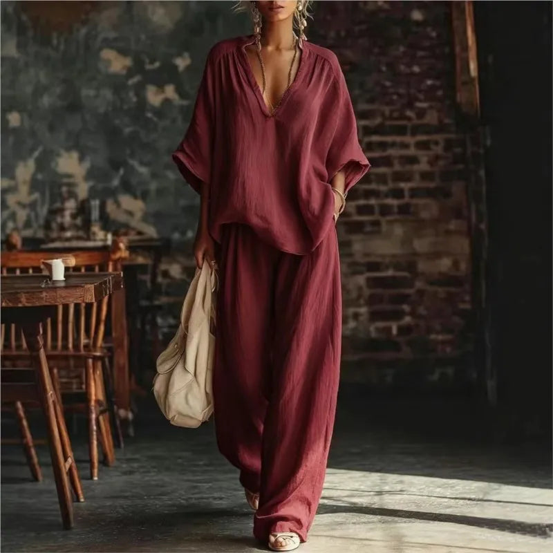 Women's Fashion Simple Casual White Two Piece Sets Spring Summer V Neck Short Sleeve Loose Top & Wide Leg Pants Vacation Set