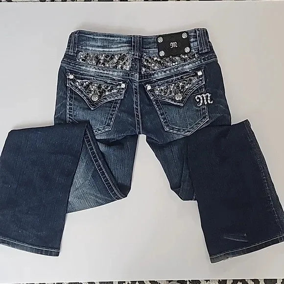 Street Y2K Spice Girl Vintage Low Waist Sequins Niche Design Slim Fit Washed Straight Jeans