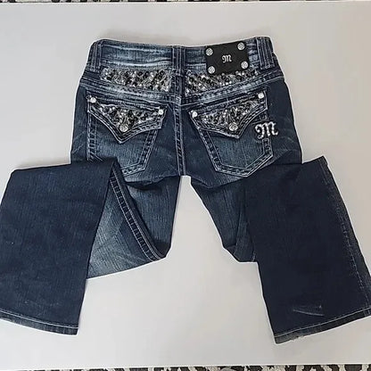 Street Y2K Spice Girl Vintage Low Waist Sequins Niche Design Slim Fit Washed Straight Jeans