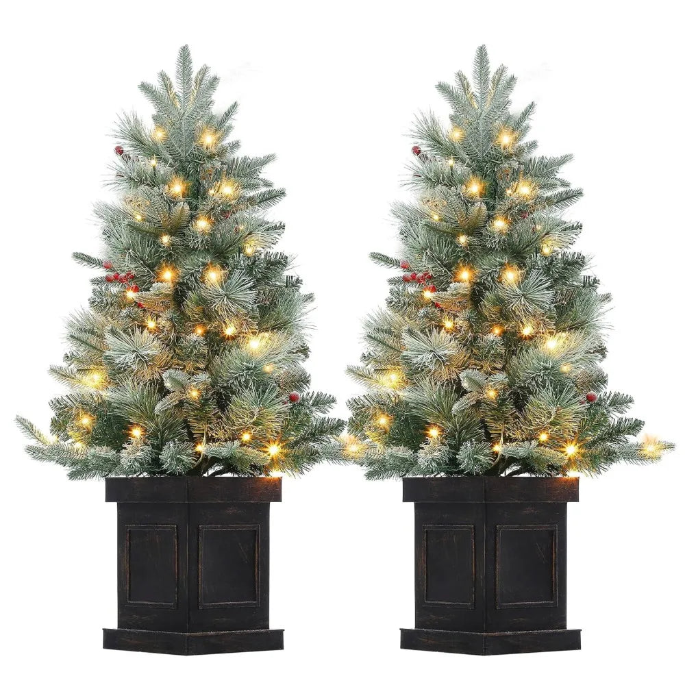 2PCS 3ft Pre-Lit Artificial Christmas Tree with 78 LED Lights, Snow Flocked Mini Xmas Tree with Timer Function, Battery Operated Small Holiday Tree for Home Office Tabletop Decor