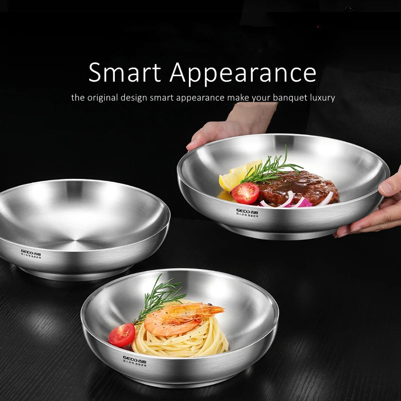 20~26CM Hollow-insulated 304 Stainless Steel Plate Fall Resistant Children-safe Dinding Bowl Scratch Resistant Dish for Banquet
