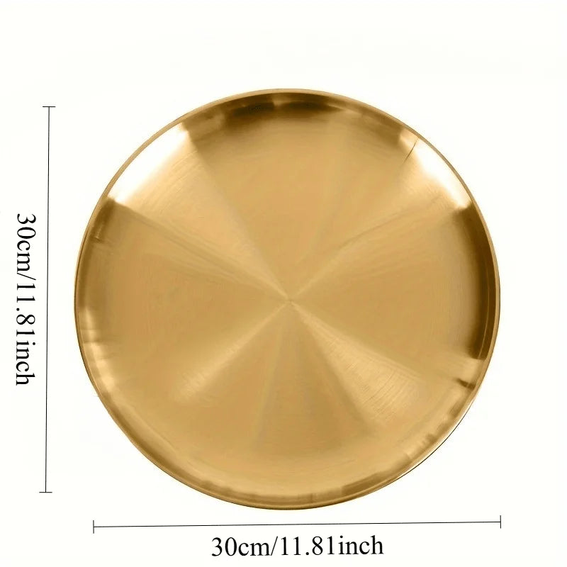 2pcs, Golden Pizza Plates, Stainless Steel Dinner Plate, Round Golden Tray, Food Serving Plate, for Home Kitchen,Party Use
