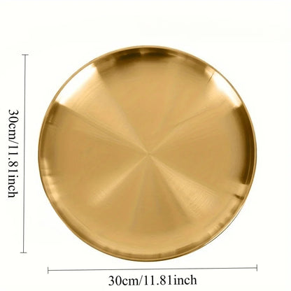 2pcs, Golden Pizza Plates, Stainless Steel Dinner Plate, Round Golden Tray, Food Serving Plate, for Home Kitchen,Party Use