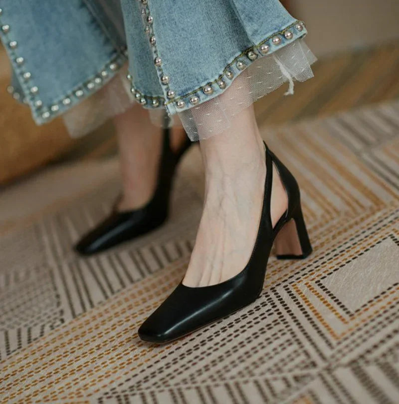Woman Footwear Office High Heels Black Square Toe Block Heel On Heeled Luxury Leather Casual Pumps Chunky Shoes For Women L Y2k
