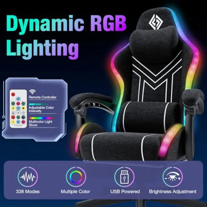 RGB Gaming Chair for Adults: Black Fabric Ergonomic Computer Chair with Music Rhythm LED Lights, Bluetooth Speakers, 155 Reclin