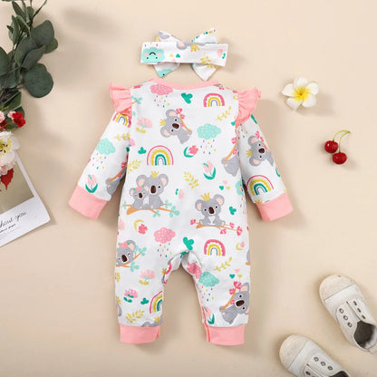 0-12 Months Newborn Baby Girl Clothes Long Sleeves Cute Cartoon Bodysuit with Headband 2PCS Infant Romper Toddler Girl Jumpsuit