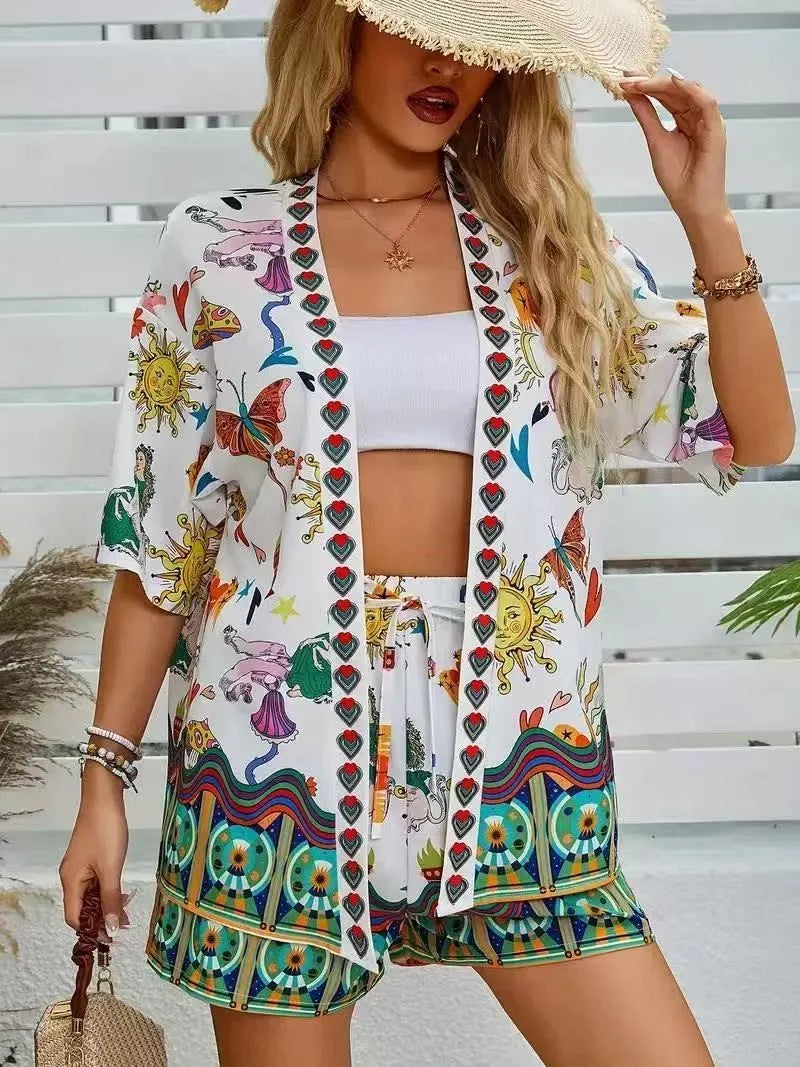 Summer Women's Suit With Shorts Printed Crop Top Short Pants Blue Patterned Set Green Floral Casual Shorts