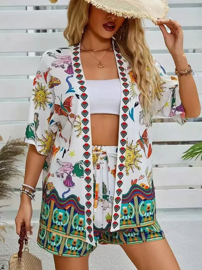 Summer Women's Suit With Shorts Printed Crop Top Short Pants Blue Patterned Set Green Floral Casual Shorts