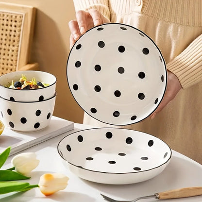 4Pcs Black Polka Dot Ceramic Plates Set,  Microwave Dishwasher Safe for Salad, Pasta, Dessert, Home Kitchen Tableware