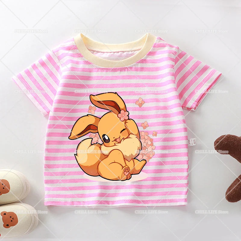 Cartoon Pokemon Stripe T Shirt Cute Pikachu Eevee Bulbasaur Baby Boy Girl Summer Tops Kawaii Toddler Short Sleeve Tee Shirts