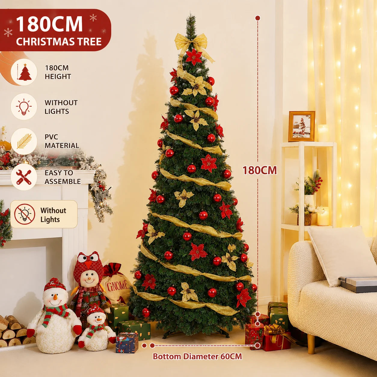 Folding Christmas Tree with LED Lights and Christmas Flowers Telescopic Artificial Christmas Tree 150CM/180CM Home Decoration