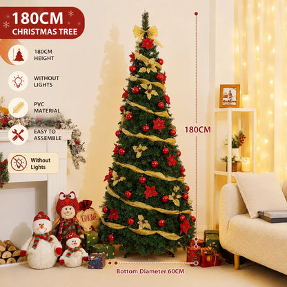 Folding Christmas Tree with LED Lights and Christmas Flowers Telescopic Artificial Christmas Tree 150CM/180CM Home Decoration