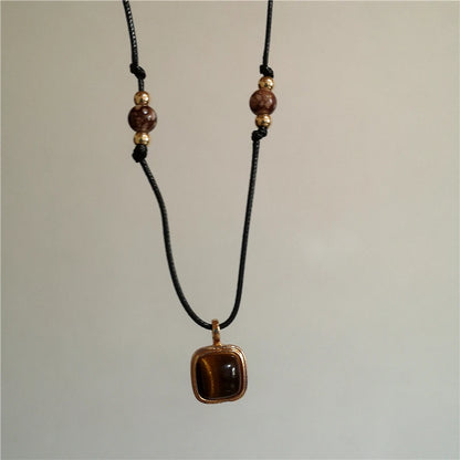 Vintage Leather Brown Stone Sun Pendant Beaded Choker Clavicle Chain Necklace For Women Unique Y2K Personalized Grunge Jewelry