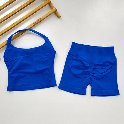 VEQKING Seamless 2pcs Women Yoga Sets Open Back Longline Sports Halter Bras Running Tank Tops Scrunch Butt Gym Workourt Shorts