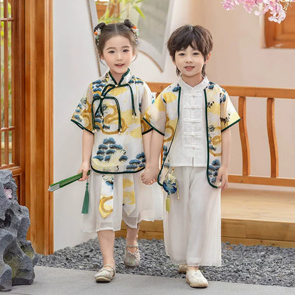 Fashion Hanfu Girl Suit Tang Costume Summer Chinese Style Boy Set Children's Sets Casual Kids Clothes Performance Baby Outfit