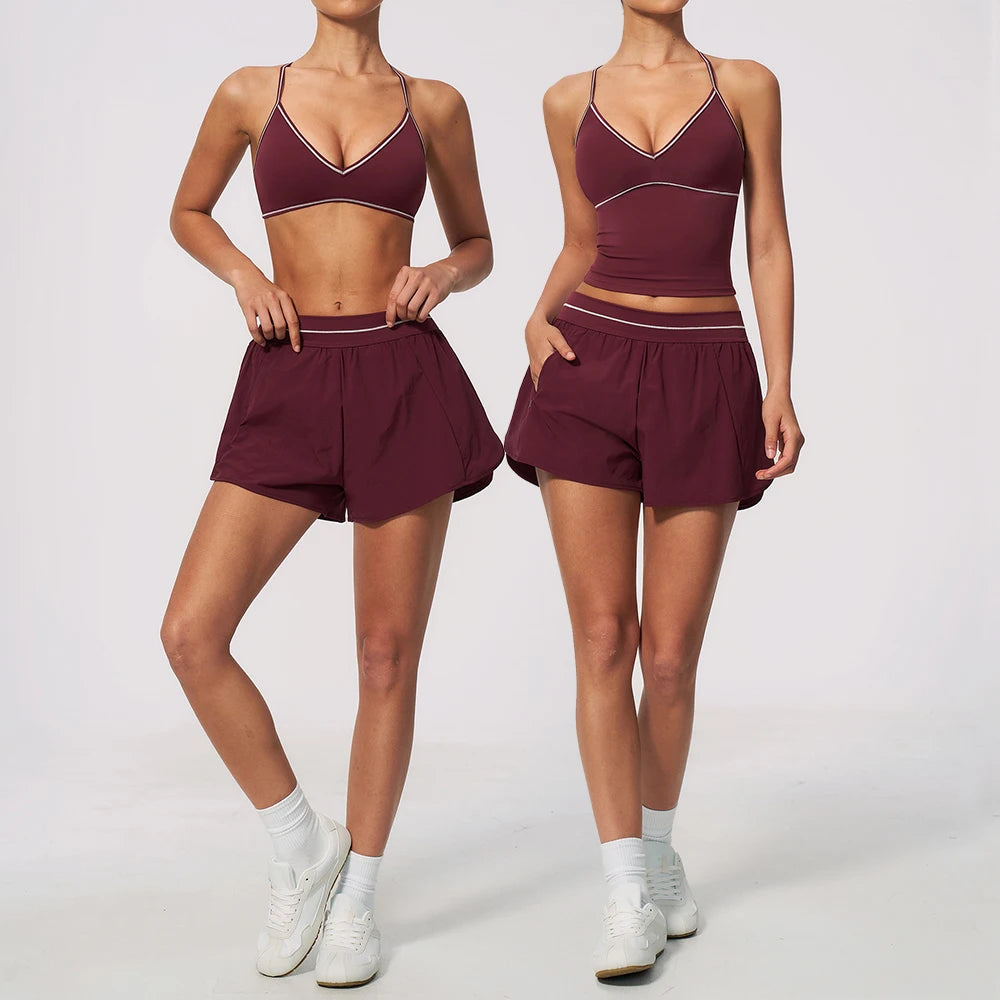 Women 2Pcs Activewear Set V Back Contrast Piping Shorts with Built in Liner and V Neck Crop Top for Gym Tennis Yoga Sportswear