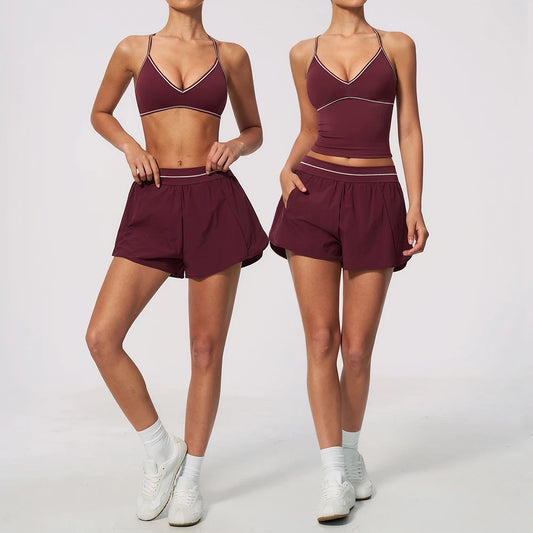 Women 2Pcs Activewear Set V Back Contrast Piping Shorts with Built in Liner and V Neck Crop Top for Gym Tennis Yoga Sportswear