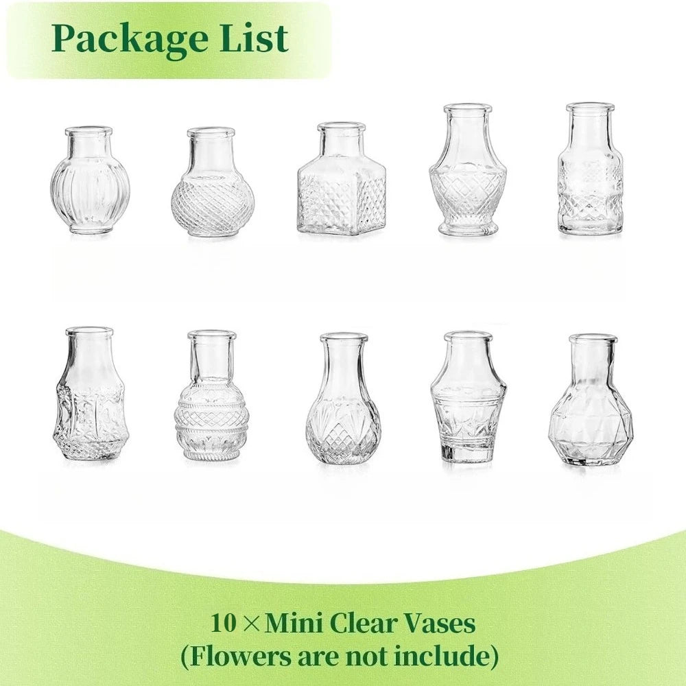 10/20Pcs Mini Glass Vase Modern Clear Hydroponic Flower Vase Retro Relief European Home Desktop Scene Wedding Party Decoration