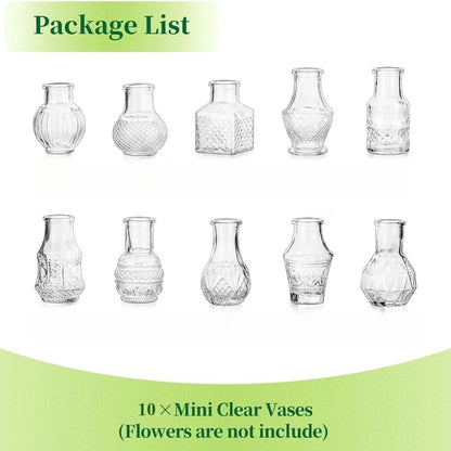 10/20Pcs Mini Glass Vase Modern Clear Hydroponic Flower Vase Retro Relief European Home Desktop Scene Wedding Party Decoration