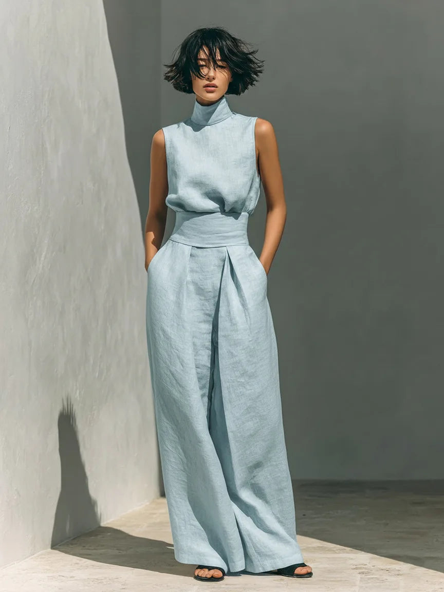 Women's Elegant Commuting Two-piece 2026 Fashionable High Neck Sleeveless Top Paired With Casual High Waisted Wide Leg Pants Set