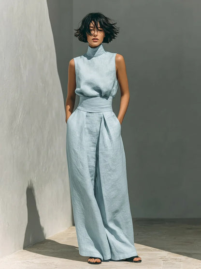 Women's Elegant Commuting Two-piece 2026 Fashionable High Neck Sleeveless Top Paired With Casual High Waisted Wide Leg Pants Set