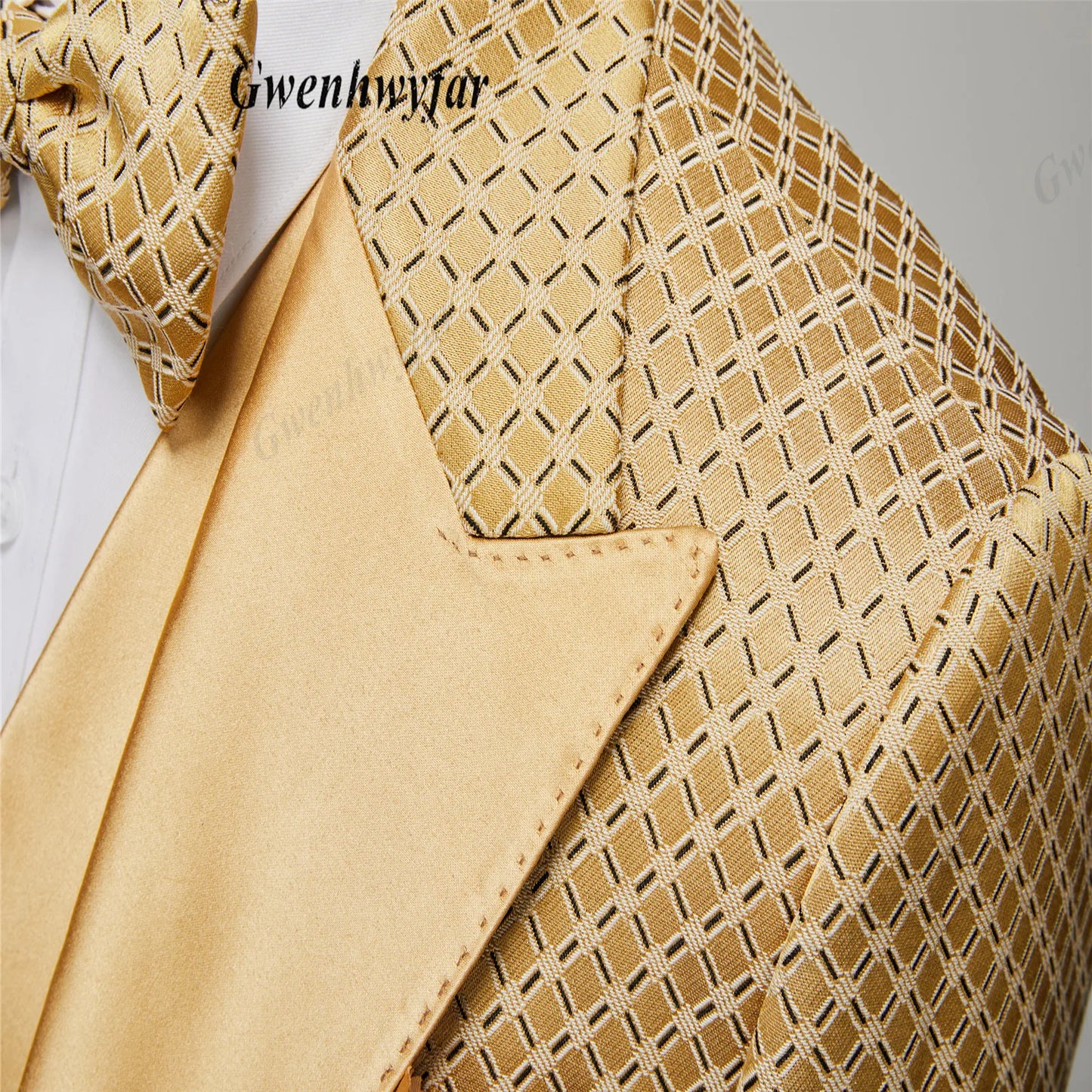 Gwenhwyfar Wheat-gold Patterns Suits of Men 2026 Autumn Party Suits Include Plain Gold Lapel Blazer Patterns Vest Slim Pants