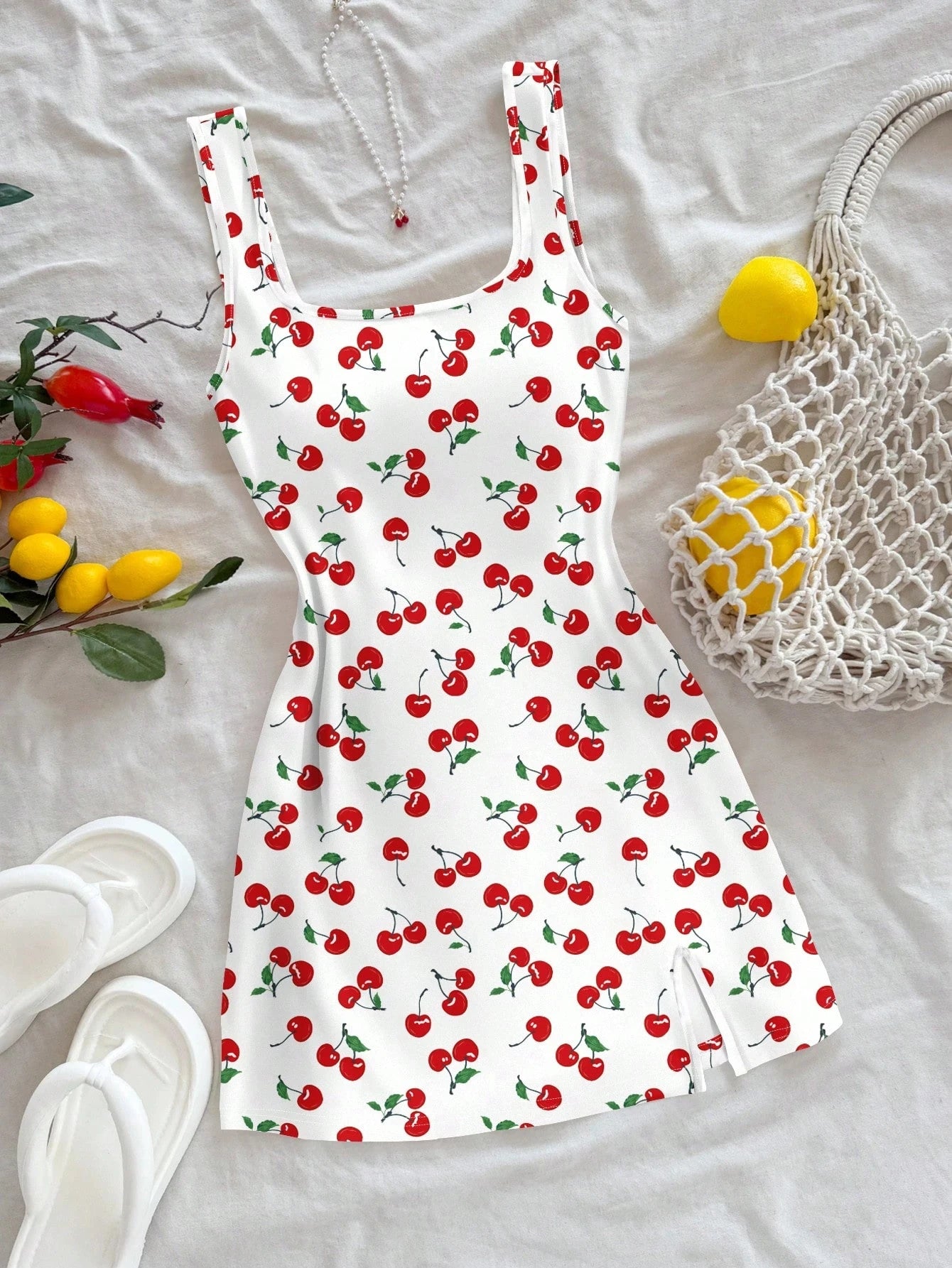 Women's Sexy Vacation Style U-Neck Cherry Print Open Back Side Slit Mini Dress for Spring/Summer